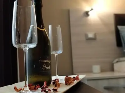 a bottle of wine and two glasses on a table at Guest house Aria in Rome