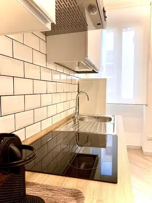 a kitchen with a sink and a stove at Appartamento metro Ponte Lungo in Rome