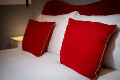 a bed with two red pillows on top of it at ht vittorio in Rome