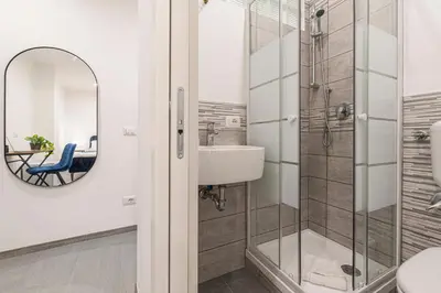 a bathroom with a shower and a sink and a mirror at Pallaro 6 room in Rome
