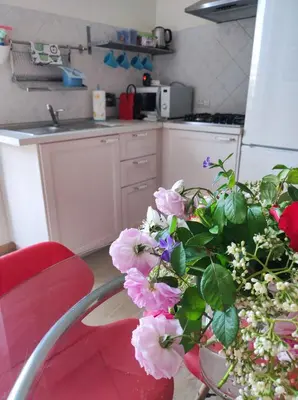 a kitchen with a table with pink flowers in it at Azzurra Home in Rome