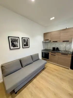a couch in a living room with a kitchen at Scala 37 interno 2, Trastevere, Rome in Rome