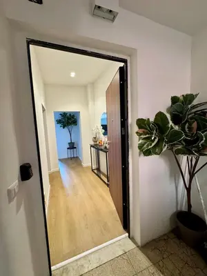 a hallway with a door and a potted plant at Scala 37 interno 2, Trastevere, Rome in Rome