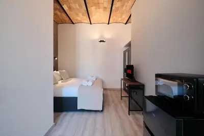 a hotel room with a bed and a tv at Circo Massimo Suite - In the heart of Testaccio in Rome