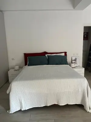 a bedroom with a large white bed with blue pillows at Terni 74 V&B Rock House in Rome
