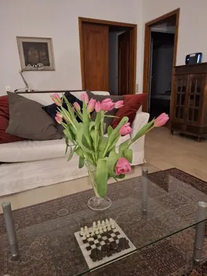 a vase with pink flowers on a table in a living room at Apartment Rome Parioli near Villa Borghese in Rome