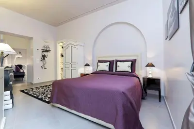 a bedroom with a large bed with a purple bedspread at Residenza Romana Zucchelli in Rome
