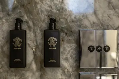two bottles of soap sitting next to a box at Fontart Tritone in Rome