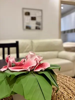 a pink flower sitting on a table in a living room at Vatican Walls Studio in Rome