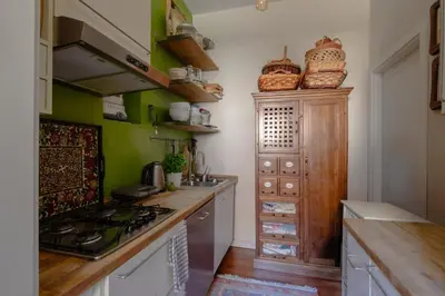 a kitchen with green walls and a stove top oven at Emanuela Home - VATICAN in Rome