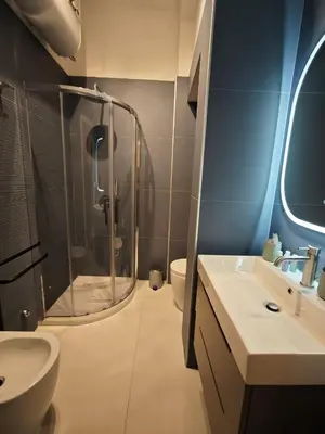 a bathroom with a shower and a toilet and a sink at Appartamento Alida in Rome