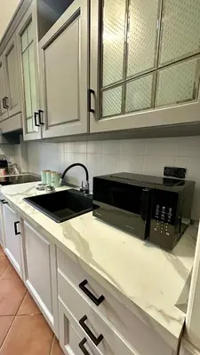 a kitchen counter with a sink and a microwave at Vatican Museum YH in Rome