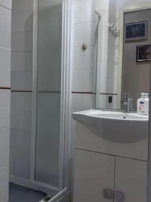 a white bathroom with a sink and a shower at Family Apartment for five persons in Rome