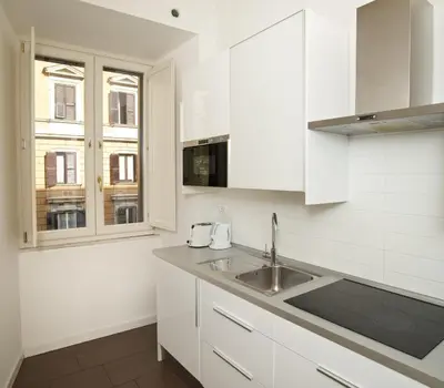 a white kitchen with a sink and a window at Germanico Maxi in Rome