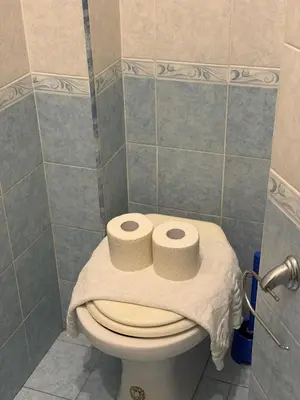 a bathroom with a toilet and two rolls of toilet paper at Great studio near Coliseum in Rome