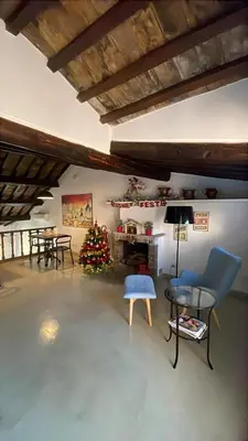 a living room with a christmas tree and chairs at Calisto 6 in Rome