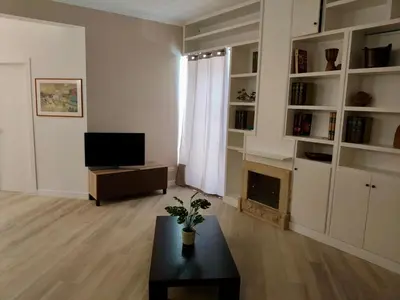a living room with a fireplace and a television at Vatican Museum Home in Rome