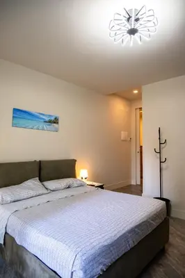 a bedroom with a large bed and a chandelier at zampieri house camera blu in Rome