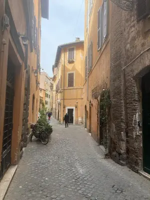 an alley with a person walking down a street at Arco Acetari - The Middle Ages in the heart of Rome in Rome