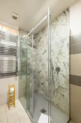 a shower stall in a bathroom with a mural at Casa Vacanza trastevere in Rome