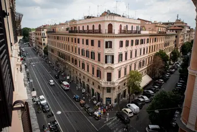 an aerial view of a street in front of a building at Chat&Chill Vatican Apartment in Rome