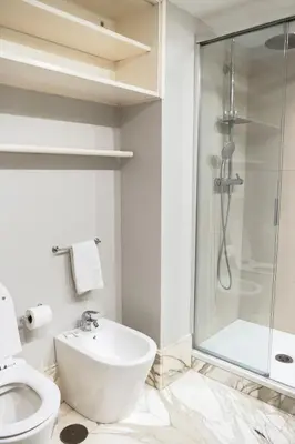 a white bathroom with a shower and a toilet at Caesarina Roma, Luxury apartment in Rome