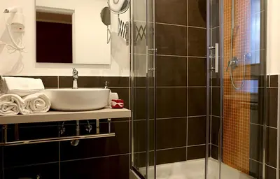 a bathroom with a sink and a shower at Le Coq Suites in Rome