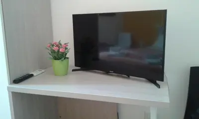 a television sitting on a shelf with a vase of flowers at Holidays in Rome - Guesthouse in Rome