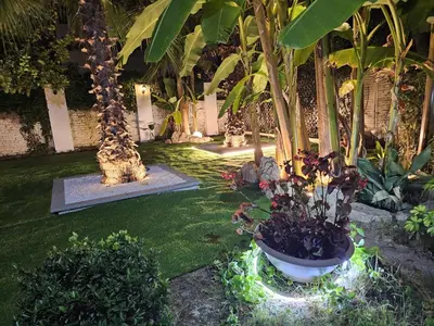 a table and chairs in a garden at night at Astoria Golden House in Rome