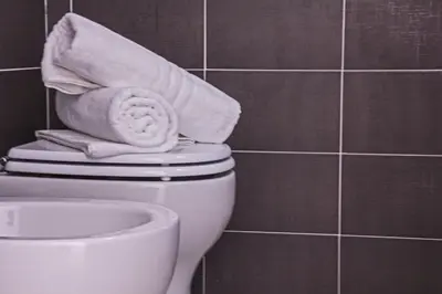 a toilet with a pile of towels on top of it at Domus Raffaello in Rome