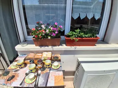 a breakfast table on a balcony with flowers and plants at Monnalisa Home in Rome