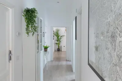 a hallway with white walls and plants on the walls at A+ Bed and Breakfast in Rome