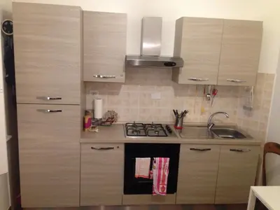 a small kitchen with wooden cabinets and a sink at St. John Apartment in Rome