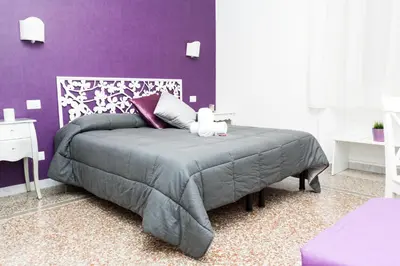 a purple bedroom with a bed with a cat on it at Re di Luna B&B in Rome
