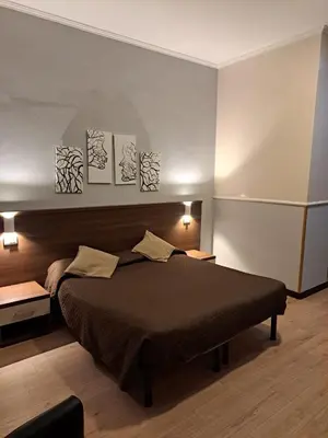 a bedroom with a bed with three paintings on the wall at Hotel Leone in Rome