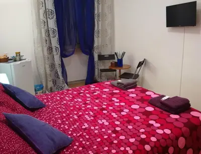 a bedroom with a red bedspread with pink polka dots at B&B Stelle Di Roma in Rome