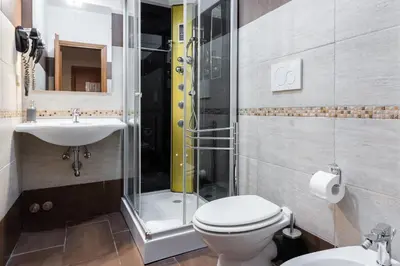 a bathroom with a shower and a toilet and a sink at Dreams Roma B&B in Rome