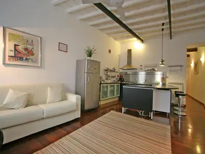 a living room with a couch and a kitchen at Casa Leopardo - Trastevere in Rome