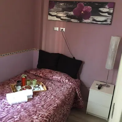 a room with a bed with a tray of food on it at B&B SPQR in Rome