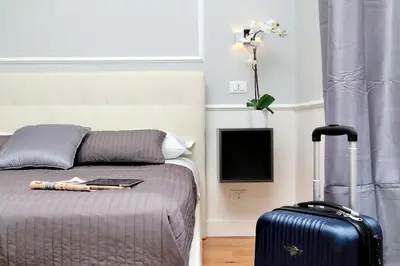 a bedroom with a bed with a suitcase and a tv at St. Peter Vatican Rooms in Rome