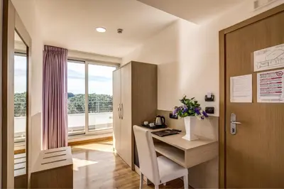 a room with a desk and a window at Ginevra Palace Hotel in Rome