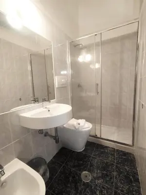 a bathroom with a sink and a shower and a toilet at Hotel Milazzo Roma in Rome