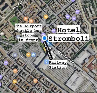 a map of the airport with the airport shuttle bus stops at Hotel Stromboli in Rome