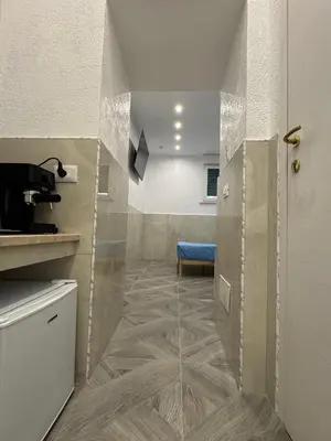a kitchen with a walk in shower in a room at LUXOR ECO ROMA CASA E APPARTAMENTO PER VACANZE IN CENTRO Piazza Bologna, Colosseo, Piazza di Spagna, Vaticano, San Pietro, Sapienza, Fontana di Trevi, Piazza Navona, Trastevere, Tiburtina, Termini, Aeroporto in Rome
