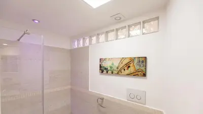a bathroom with a shower and a painting on the wall at Rental in Rome Palermo apartment in Rome