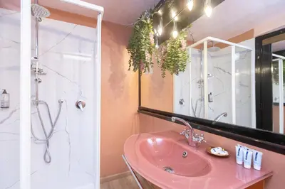 a bathroom with a pink sink and a shower at Rental in Rome Navona Loft in Rome