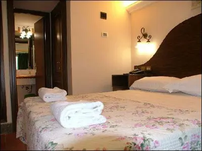 a hotel room with a bed with towels on it at Hotel OKAPI in Rome