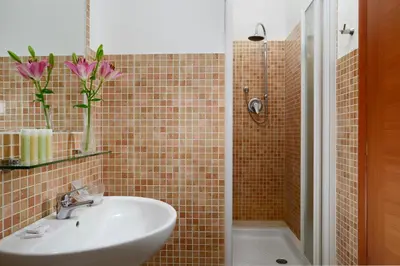 a bathroom with a sink and a shower with pink flowers at AlbaDomus Affittacamere o GuestHouse in Rome