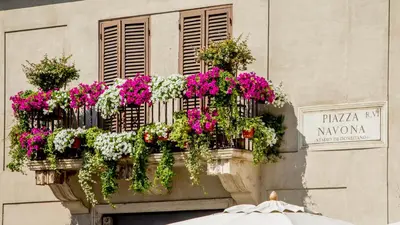 a balcony filled with flowers on a building at Rome Visits in Rome