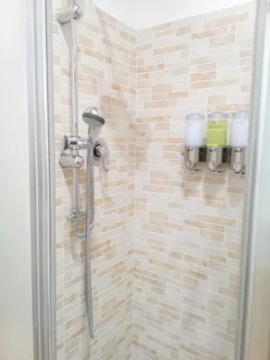 a shower in a bathroom with a tiled wall at Vetere 101 Apartment in Rome
